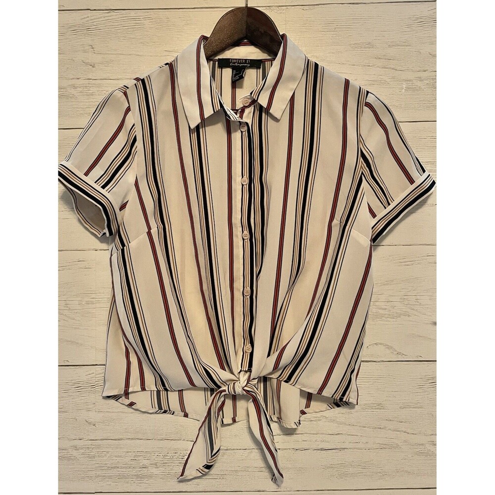 Forever 21 Striped Button Up Short Sleeve Tie Front Crop Top Shirt Size S